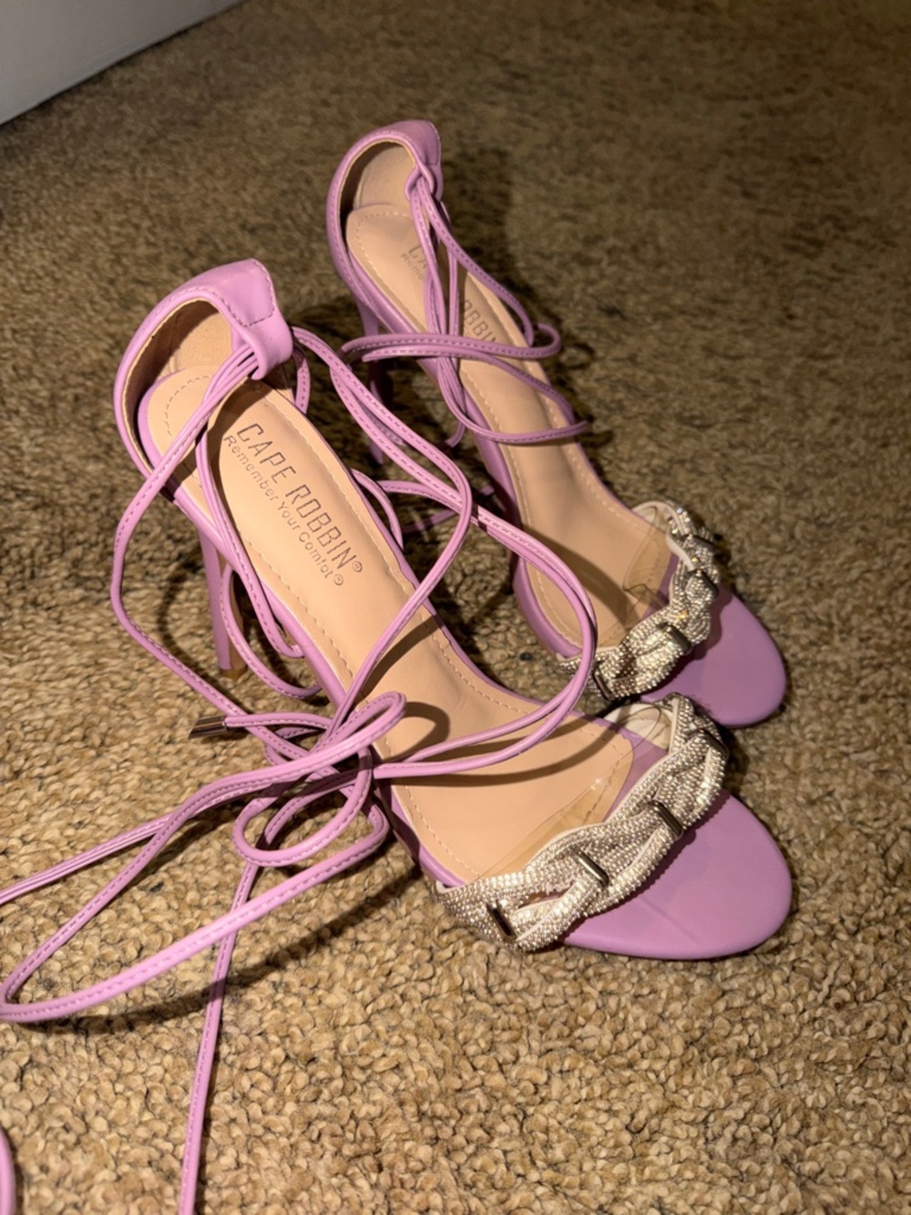 Cape Robbin Lavender Strappy Heels with Rhinestone Chain